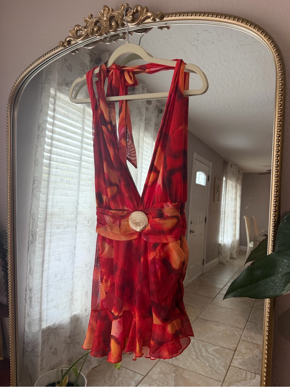Women's Red Floral Halter Sleepwear Dress with Gold Accent